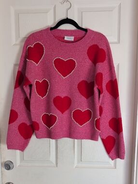 Peach Brand Pink & Red Heart Pullover Knit Sweater Women M